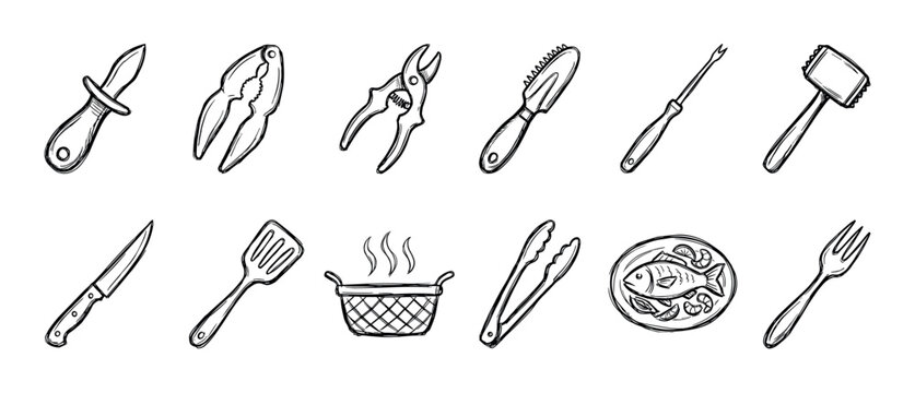 Hand-drawn set of seafood cooking tools and kitchen utensils in a black and white sketch style, including an oyster knife, crab cracker, fish scaler, tongs, and a plated dish