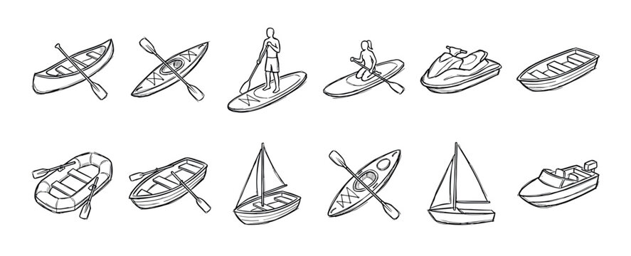 Collection of hand-drawn watercraft icons featuring various boats like a canoe, kayak, sailboat, and jet ski in a simple black and white line art sketch style for recreation