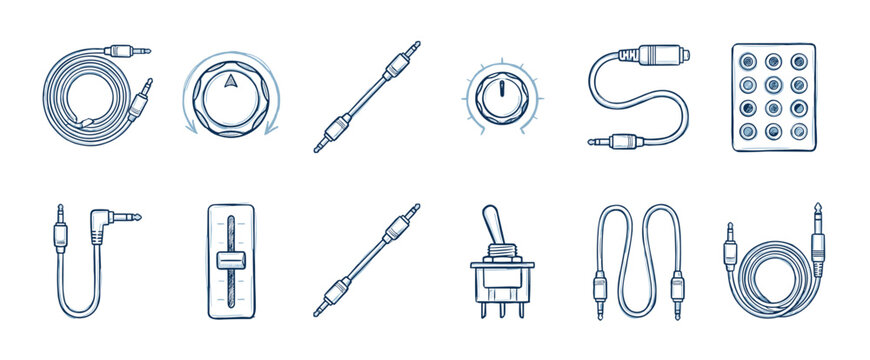 Blue sketch icons of modular synthesizer components, featuring various audio patch cables, potentiometers, a fader, and a switch, depicted in a simple hand-drawn doodle illustration style