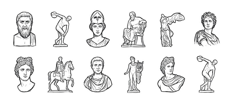 Collection of hand-drawn ancient statues and busts in a minimalist line art style, featuring classical Greek and Roman figures like philosophers, gods, and athletes