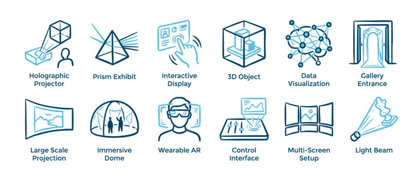 Set of twelve blue line art icons illustrating concepts for modern exhibitions and immersive experiences, including virtual reality, data visualization, and interactive displays