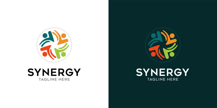 Synergy logo template  representing teamwork, and community diversity. Featuring four stylized human figures interconnected in a circular motion, symbolizing collaboration, unity, and partnership.