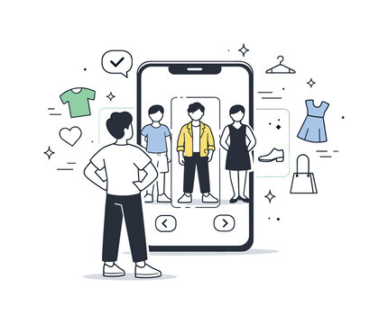 AR Outfit Preview. Virtual try-on experience. A person stands in front of a smartphone screen, previewing different outfits with AR overlays. Calm discovery,