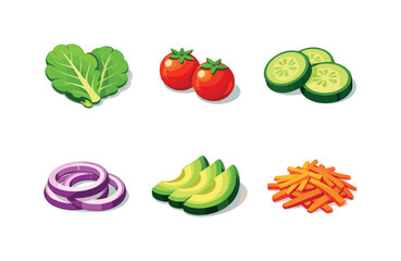 Naklejka premium Colorful Salad Icons. Salad ingredients. Isometric flat vector icons set of salad ingredients: lettuce leaves, cherry tomatoes, sliced cucumber, red onion