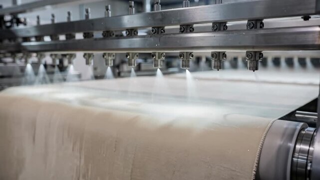 Medium shot of precisioncontrolled nozzle bars delivering softener evenly on textiles minimizing water use while ensuring smooth enhanced fabric texture.