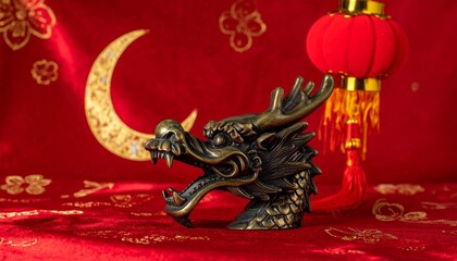 Golden crescent moon mosque silhouette ornate patterns dark background Islamic celebration spiritual design