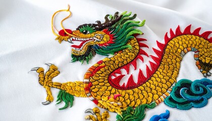 Embroidered dragon on white fabric in hoop vibrant colors traditional East Asian craftsmanship textile art