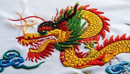 Embroidered dragon on white fabric in hoop vibrant colors traditional East Asian craftsmanship textile art