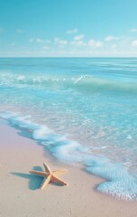 A starfish rests on a sandy beach as gentle waves lap the shore under a clear, blue sky