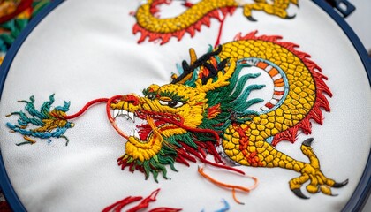 Embroidered dragon on white fabric in hoop vibrant colors traditional East Asian craftsmanship textile art