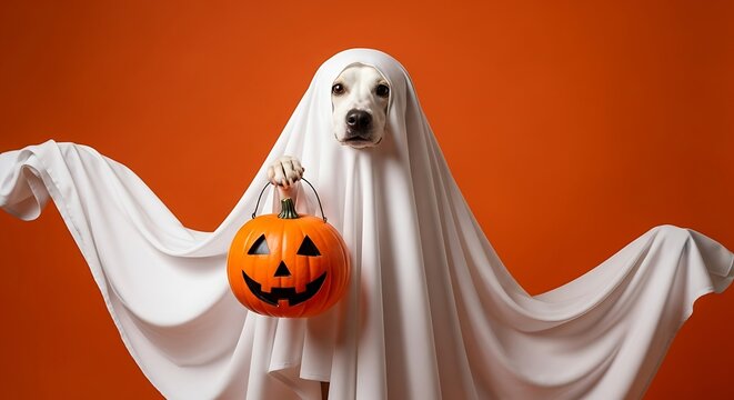 A charming white dog dressed as a spooky ghost holds a pumpkin trick-or-treat basket for Halloween.