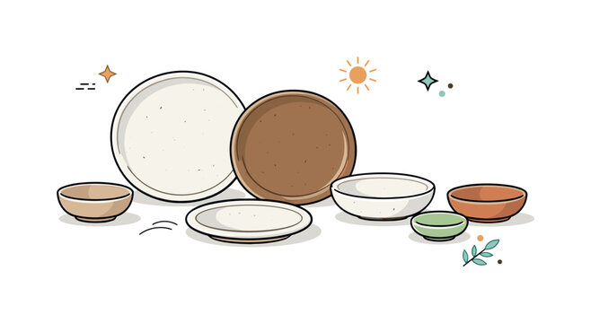 Minimalist Ceramic Dinnerware. Earthy ceramic plates. An editorial scene showing a stoneware dinnerware set with various sizes, from large dinner plates to