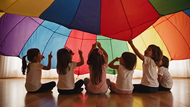 Children playing together under a colorful parachute in a bright indoor setting