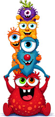 Verspielte, farbenfrohe Illustration einer niedlichen Monster-Familie mit unterschiedlichen Formen, Farben und gro&szlig;en Augen. Der humorvolle Cartoon-Stil und der wei&szlig;e Hintergrund machen das Motiv 