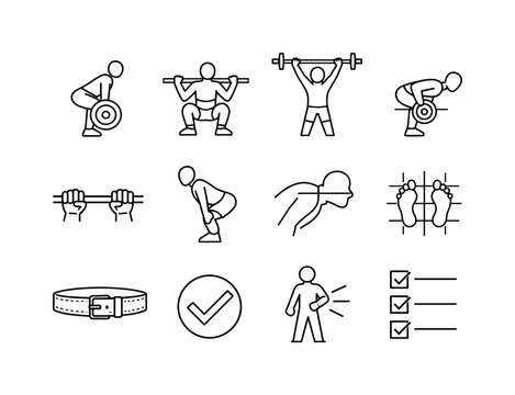 Strength Training Icons. Strength training form. Line icon set of Strength training form: deadlift posture, squat technique, overhead press, bent row, barbell