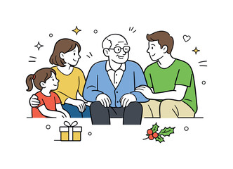 Fototapeta premium Family Holiday Gathering. Holiday visit to seniors. Younger family members sitting with an elderly person, talking and sharing smiles. Gentle attention and