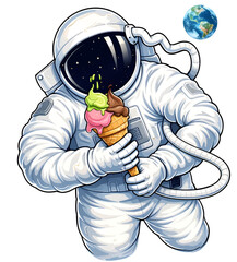 Farbenfrohe digitale Illustration eines Astronauten mit Eiscreme im Weltraum