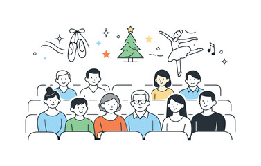 Fototapeta premium Holiday Ballet Audience. Watching holiday ballet together. Group seated in rows, soft smiles and focused expressions, feeling of tradition and shared artistic