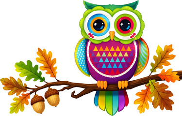 Farbenfrohe digitale Illustration einer niedlichen Eule mit gro&szlig;en Augen, sitzend auf einem Ast mit herbstlichen Bl&auml;ttern und Eicheln. 
