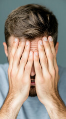 Fototapeta premium Contemplative young man covering face with hands and closed eyes for emotional insight concept