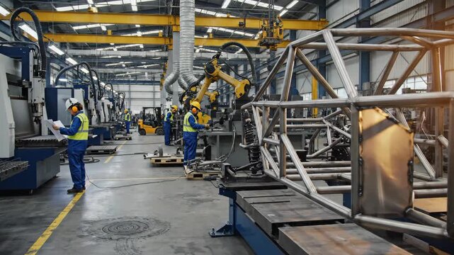 Factory workers assemble vehicle chassis using robotic welding in automobile tuning workshop. Manufacturing process for car structure.