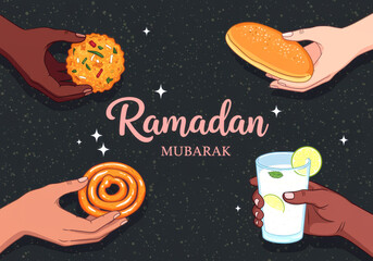 Fototapeta premium Hands Offering Ramadan Food and Drink mubarak
