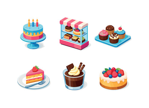Dessert Icon Grid. Dessert shop. Isometric flat vector icons set of dessert shop: birthday cake on stand, layered cake display, cupcakes tray, cake slice