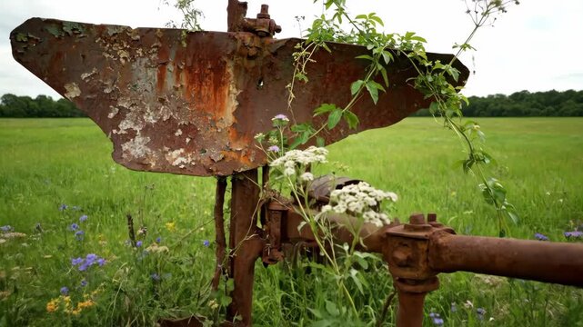 Rusty abandoned plow in green field with wildflowers. Old farm machinery decaying in rural meadow