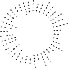 Top view airplane icons arranged half inward and half outward around a central circle.