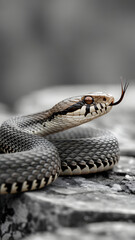 Obraz premium Curious Snake with Forked Tongue Flicking on a Stone, wildlife danger and curiosity concept