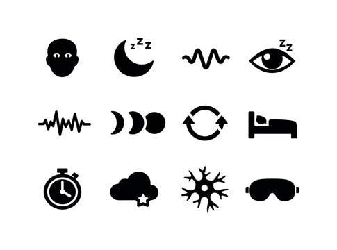 Sleep Stages Icons. Sleep stages. Solid icon set of Sleep stages: awake icon, light sleep symbol, deep sleep wave, REM eye, brainwave line, moon phase, cycle