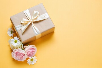 Refined gift arrangement with daisies and garden roses on yellow background