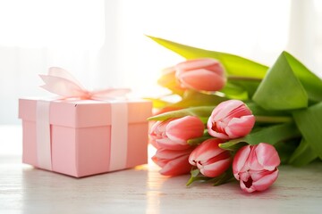 Chic gift box with silky ribbon and tulips on whitewashed wood
