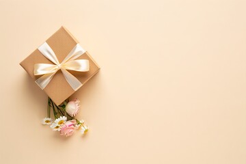 Minimalist gift box with chamomile and pale roses on sand backdrop