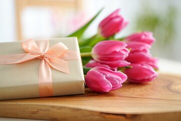 Beautiful gift package with tulips on natural wood in bright daylight
