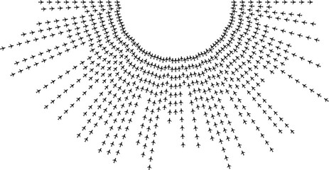 Airplane icons forming large irregular semicircular rays in a sunlike radial pattern.