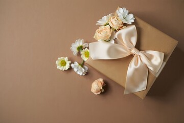 Kraft paper gift with cream bow, daisies and roses on taupe background