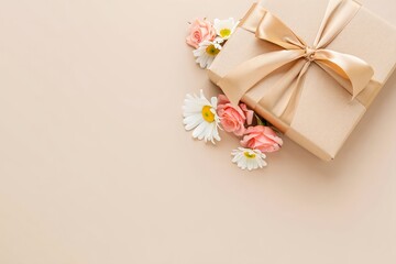  Gift box with silk ribbon and spring flowers on soft beige backdrop