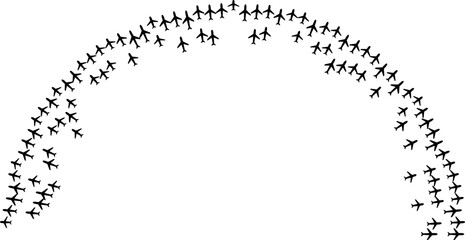 Fototapeta premium Airplane icons forming inward oriented semicircular rays around a large center space.
