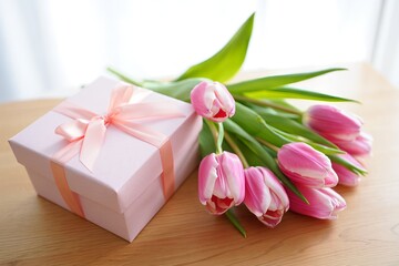 Stylish gift box with satin ribbon and pink tulips on light wood