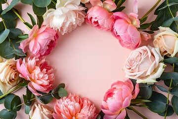 Luxurious  Flat Lay composition with peonies and eucalyptus on blush pink background 