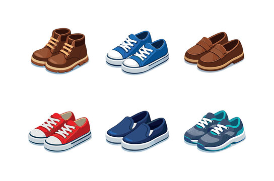Casual Footwear Icons. Casual. Isometric flat vector icons set of casual: casual boots, everyday sneakers, loafers, canvas sneakers, slip-on shoes, lightweight