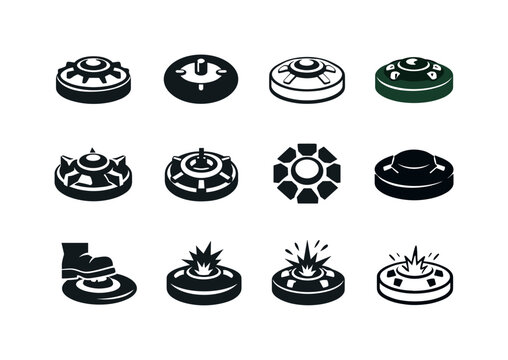 Sapper Icon Set. Sapper. Icon set. Set Logo of sapper: landmine icon. harmonious logo variations: Iconic shape, Negative space, Minimal outline, Flat solid,