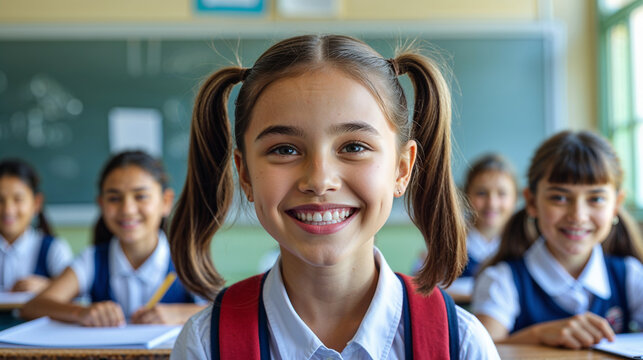 Happy young schoolgirl with pigtails smiling brightly in a classroom with classmates