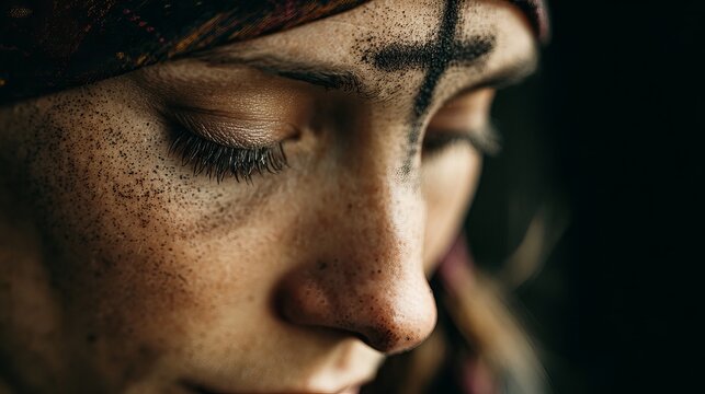 A woman with ash on her forehead during a Christian religious ceremony on Ash Wednesday