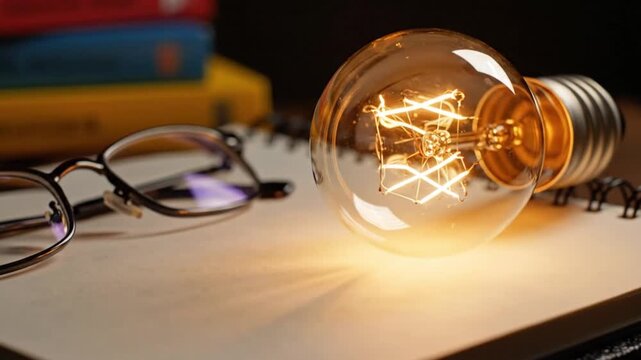 A light bulb sitting on a notebook with glasses and books in the background, symbolizing a creative idea or inspiration for learning and education purposes