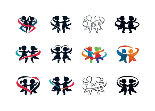 Diverse Dance Logos. Children's dance. Icon set. Set Logo of children's dance: dance ribbon. harmonious logo variations of the same emblematic concept, each