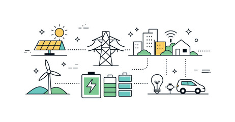 Naklejka premium Sustainable Energy Solutions. Eco energy management system. Renewable sources connected to grids, batteries, and smart usage points. Modern sustainability