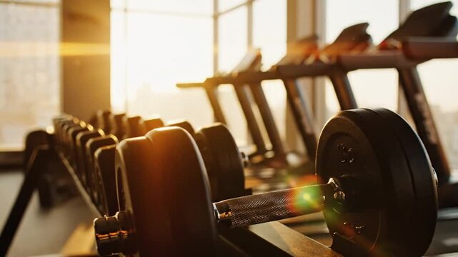 Rows of dumbbells on racks in a bright gym setting with sunlight streaming through large windows