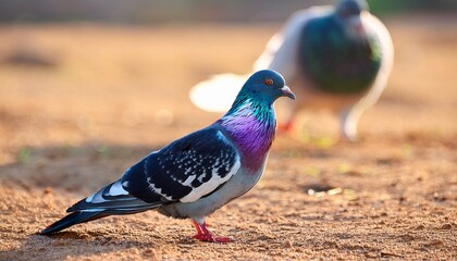 Obraz premium A Solitary Pigeon With Iridescent Neck Feathers Stands On Dry Sandy Ground With Another Pigeon Blurred In The Background